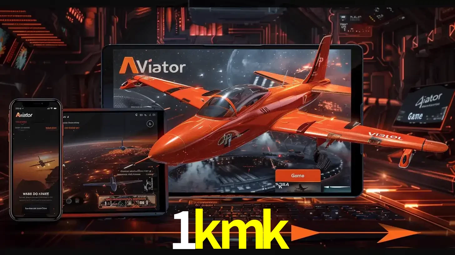 Apresentação tecnológica do jogo Aviator com um avião saindo da tela de um tablet, demonstrando a experiência imersiva em múltiplos dispositivos no 1kmk.