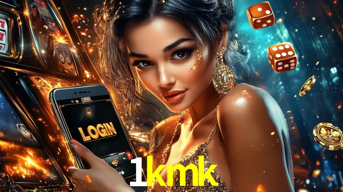 Mulher glamourosa segurando um celular com a tela de login do cassino 1kmk, rodeada por dados e moedas douradas, pronta para começar a diversão.