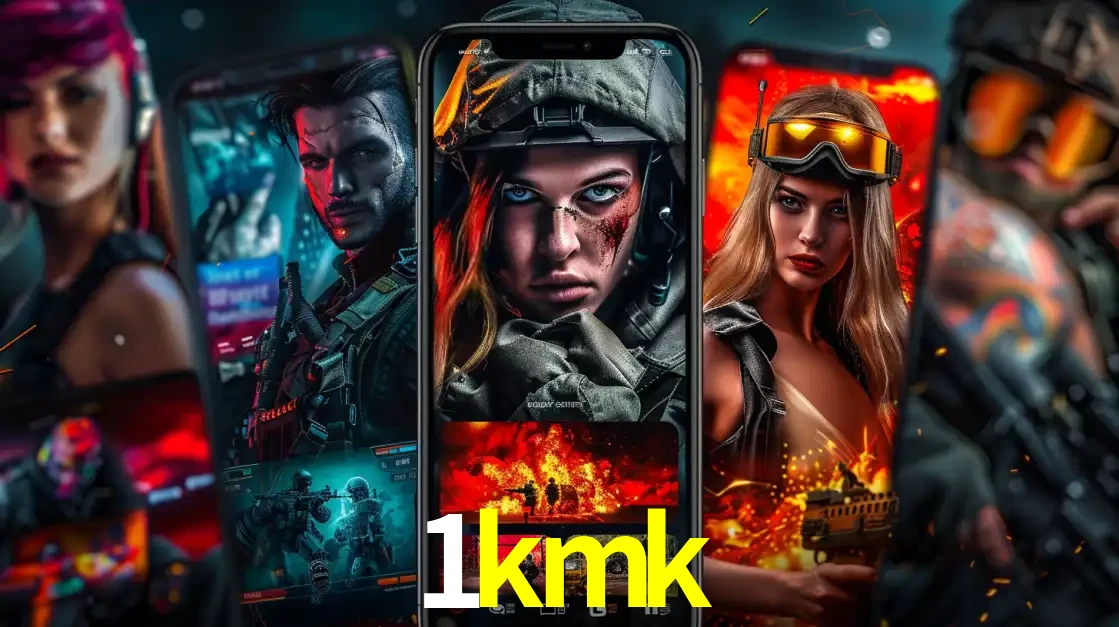 Montagem de telas de celular mostrando diversos personagens, masculinos e femininos, de um jogo de tiro, ilustrando a diversidade de equipes de e-sports para apostar no 1kmk.