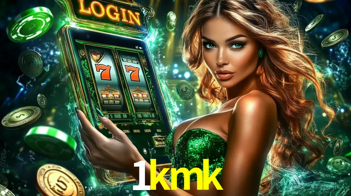 Mulher com tema verde apresentando o aplicativo do cassino 1kmk com um jogo de slot de 777, cercada por fichas de cassino e uma aura de sorte.