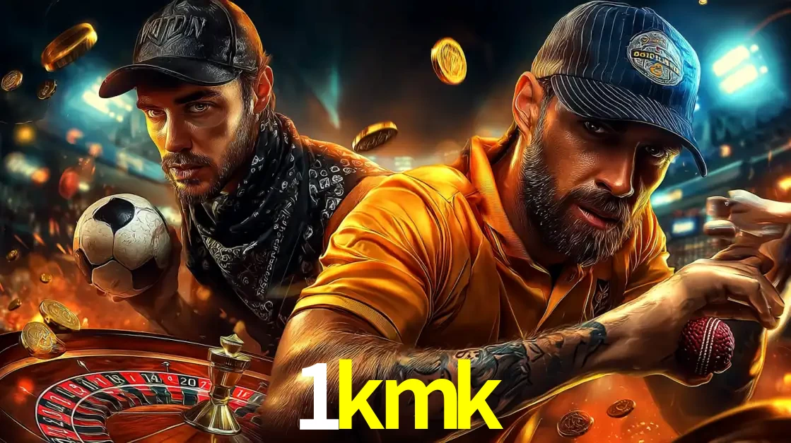 Montagem de apostas esportivas e cassino no 1kmk, com um homem segurando uma bola de futebol e outro uma de beisebol sobre uma roleta e moedas voadoras.