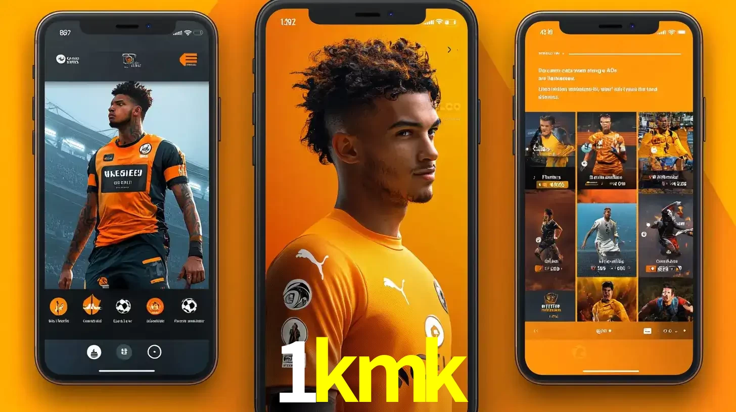 Interface do aplicativo de apostas esportivas 1kmk em três telas de celular, mostrando o perfil de um jogador de futebol e a lista de jogos disponíveis para apostar.