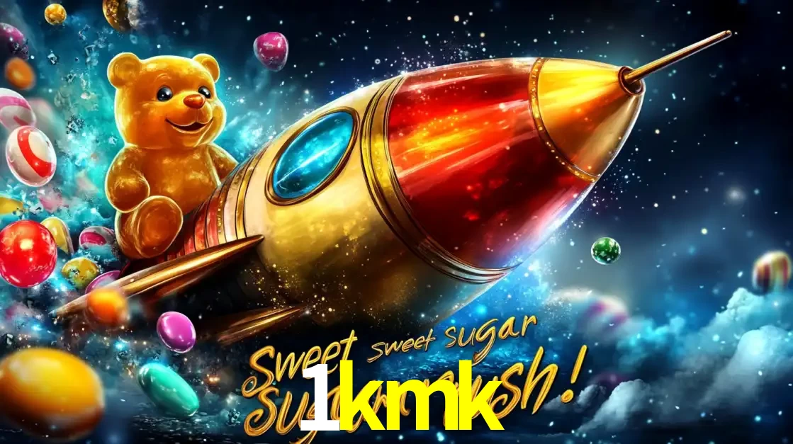 Arte promocional do jogo de slot Sugar Rush, com um urso de pelúcia em um foguete viajando pelo espaço de doces, um dos jogos divertidos disponíveis no cassino 1kmk.
