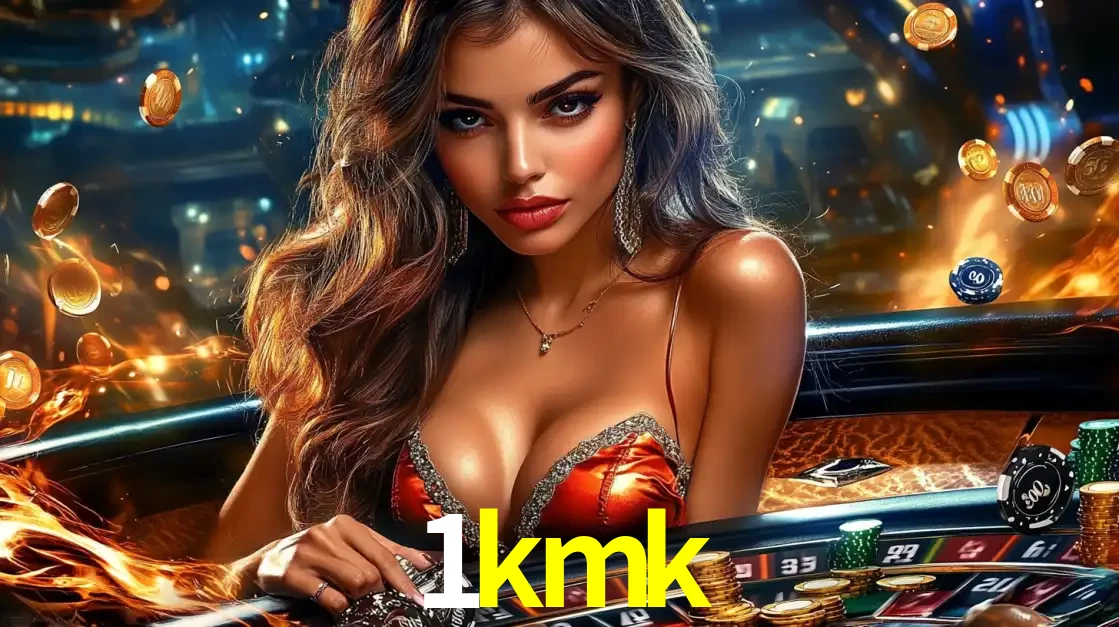 Mulher glamourosa em uma mesa de roleta com um fundo de chamas e moedas voadoras, pronta para fazer sua aposta e ganhar grandes prêmios no cassino ao vivo 1kmk.